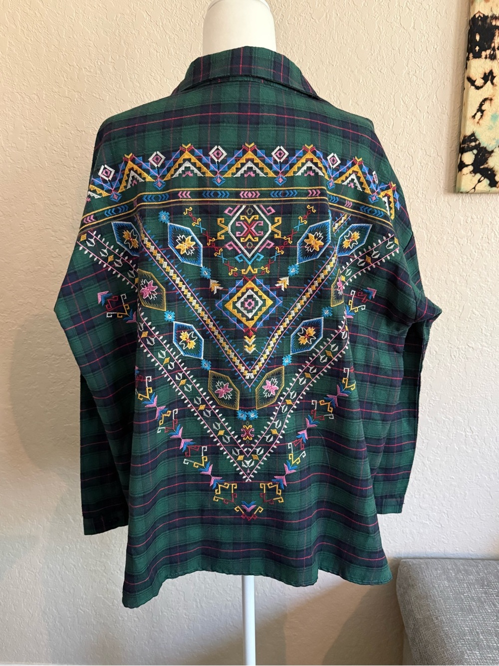 UMGEE Green Plaid Flannel Button Down Shirt Boho Embroidered Back Large L - Picture 6 of 9